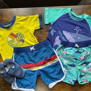 Lot of 2, Boy Toddler Swim Suit Sets with matching water shoes, UPF Rashguard 3T